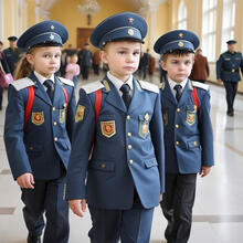 A group of children wearing military-style uniforms.